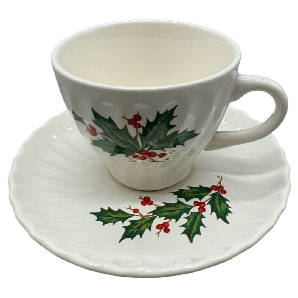Christmas Holly Ceramic Teacup & Saucer Set Used READ